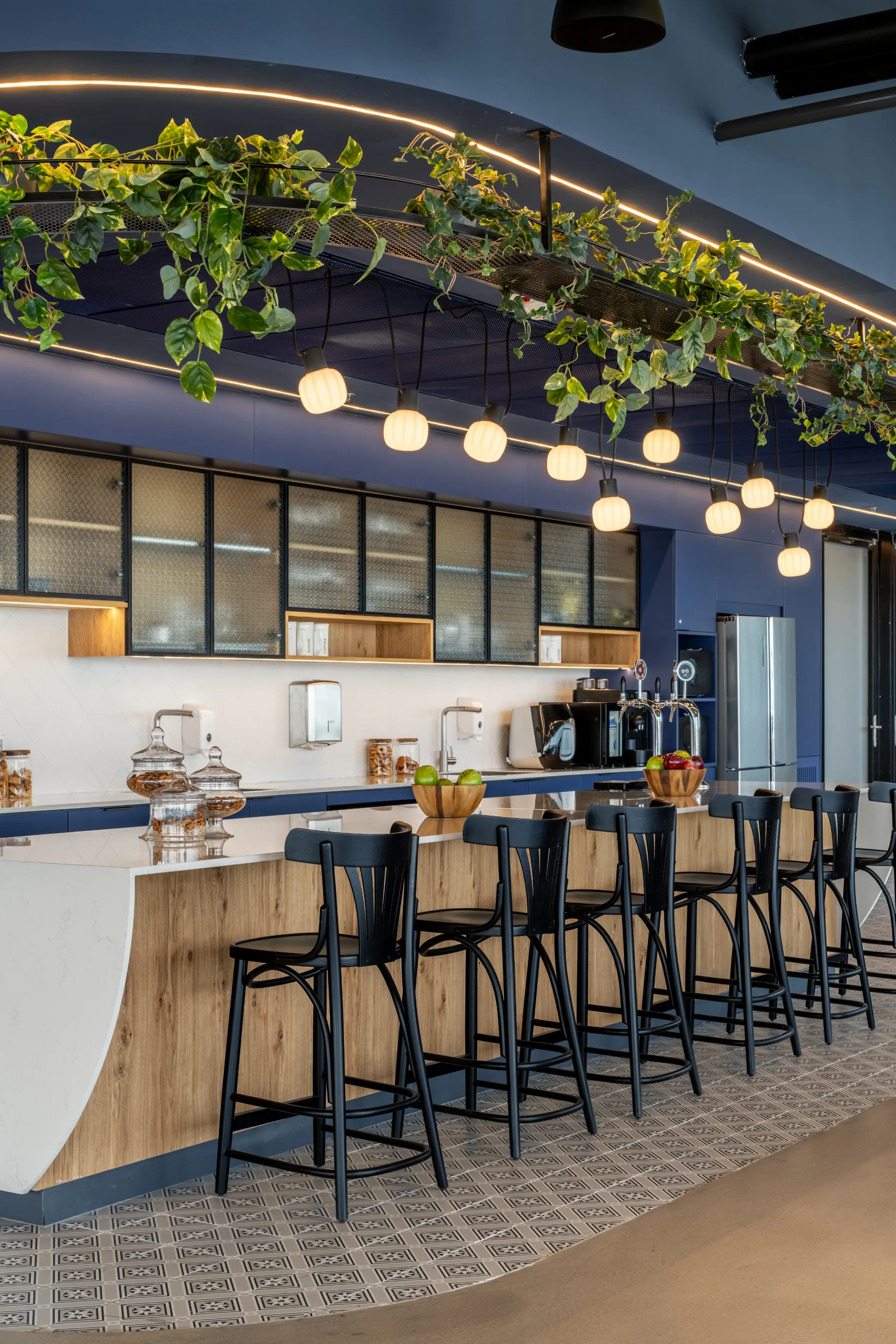 Kitchen bar with a string of warm globe lights