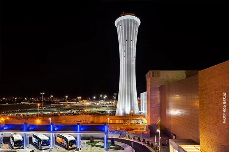 The control tower above the airport