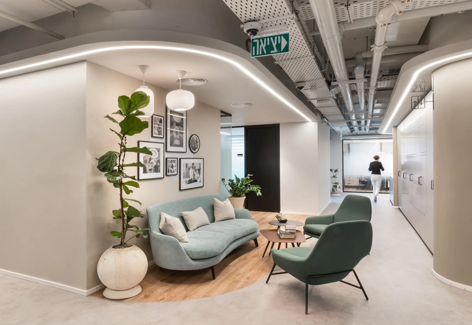 Waiting lounge with a sofa and pendant lights