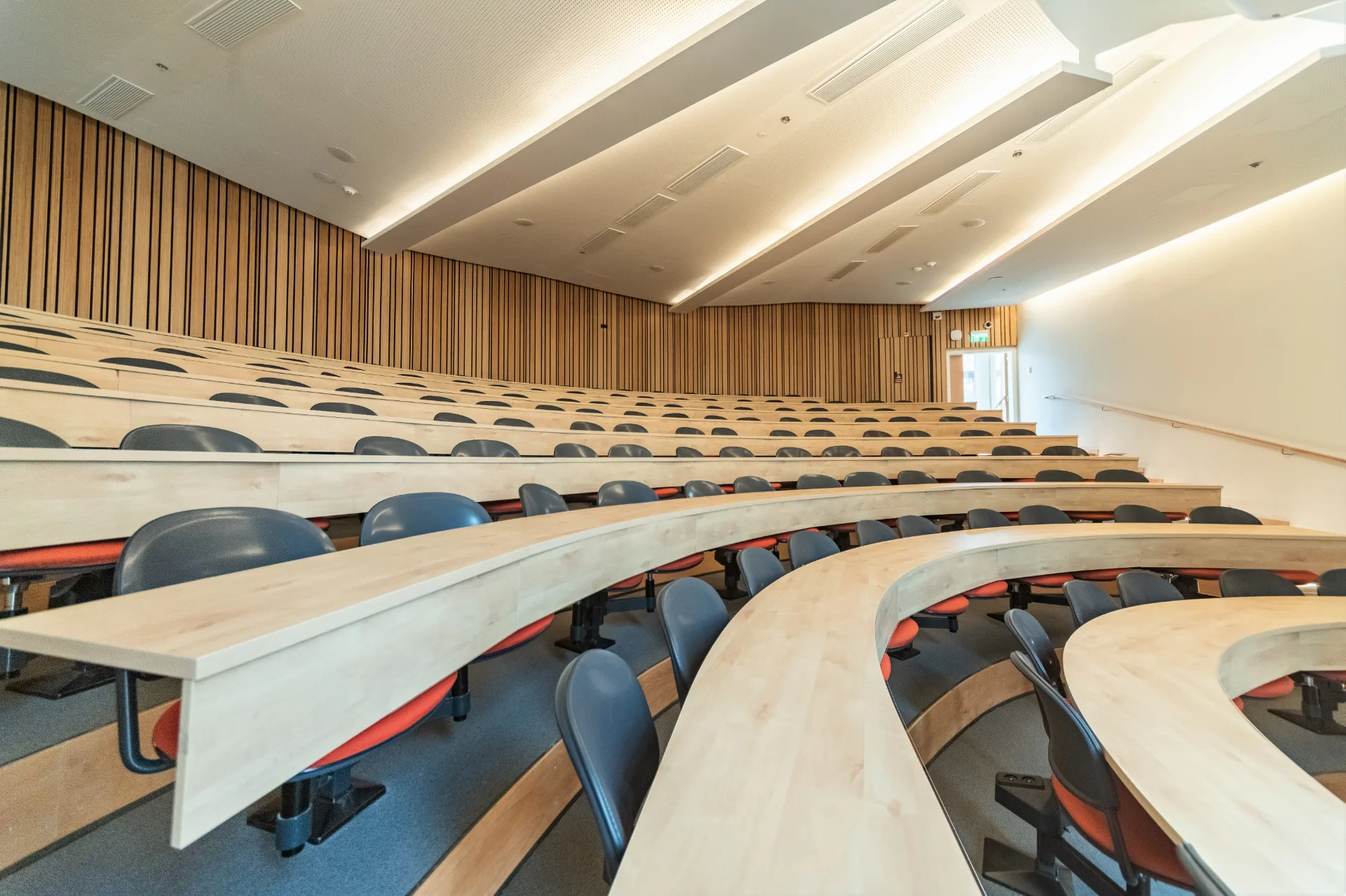 Tiered desks in a lecture hall