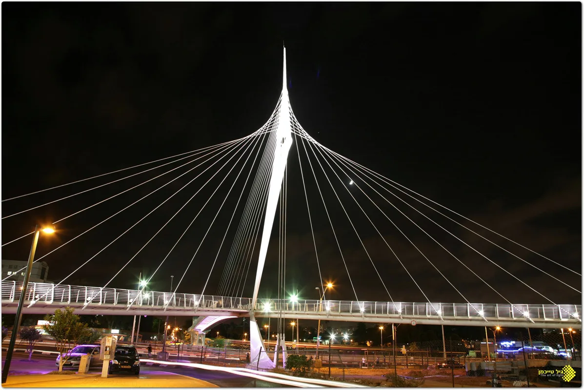 The white mast and cable fan lit against the night sky
