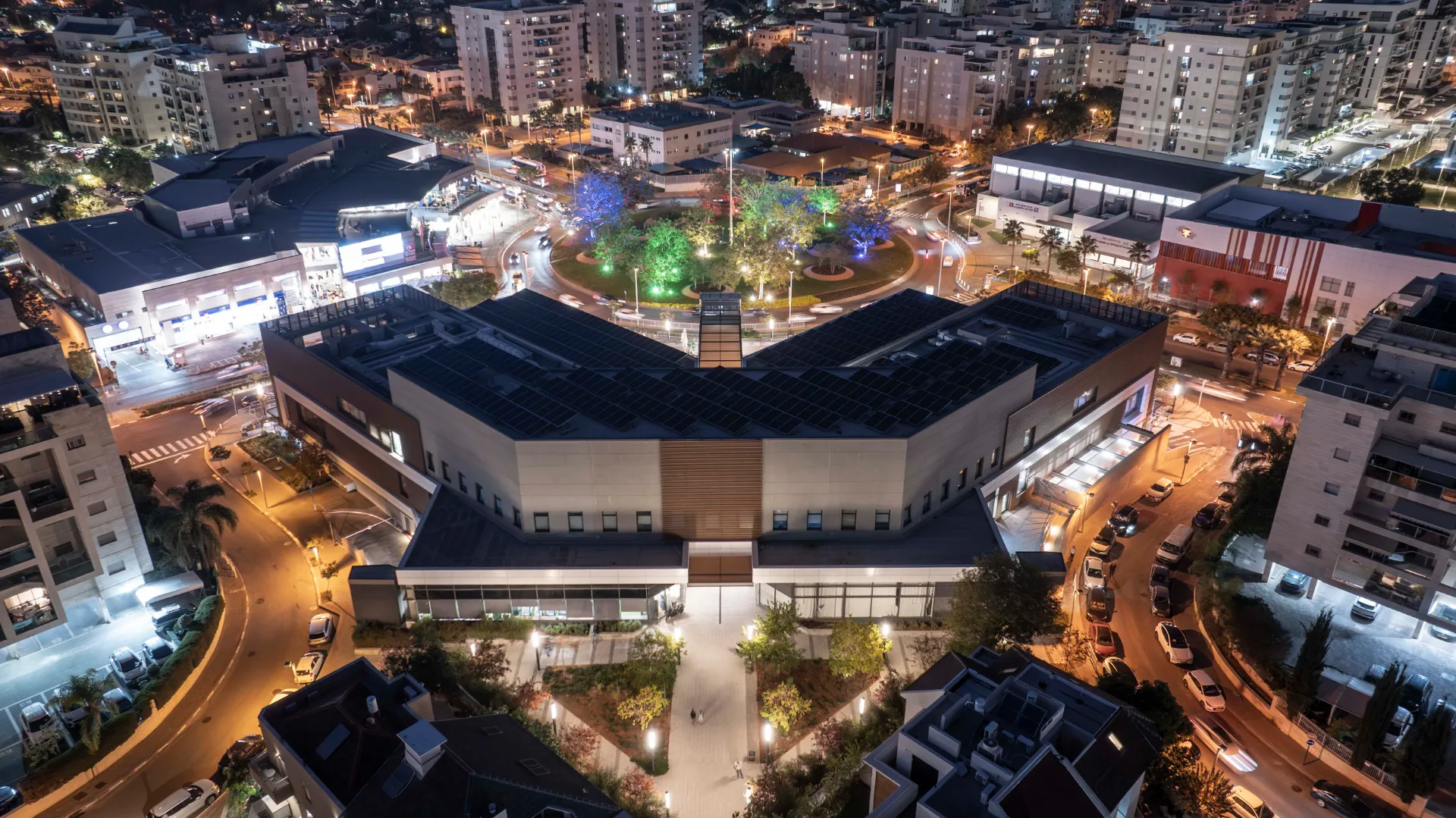 Aerial night view of the mall and central plaza