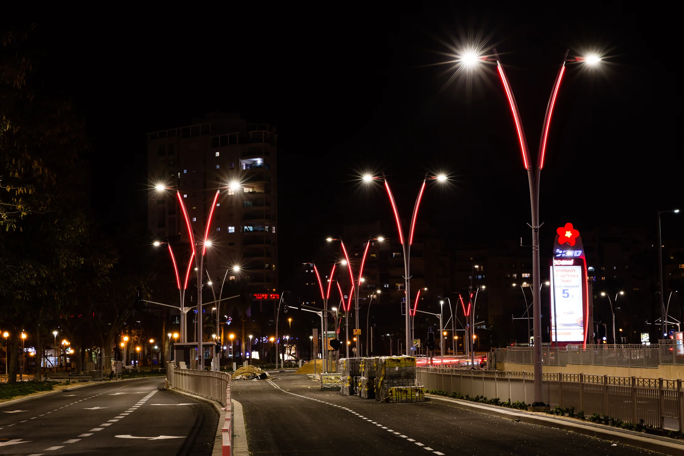 The same poles lit red for an event or holiday