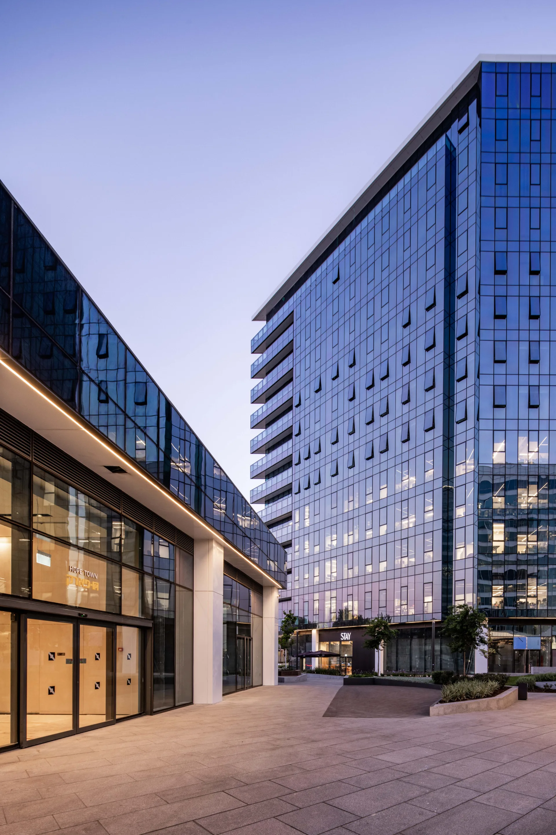 Glazed office towers at blue hour