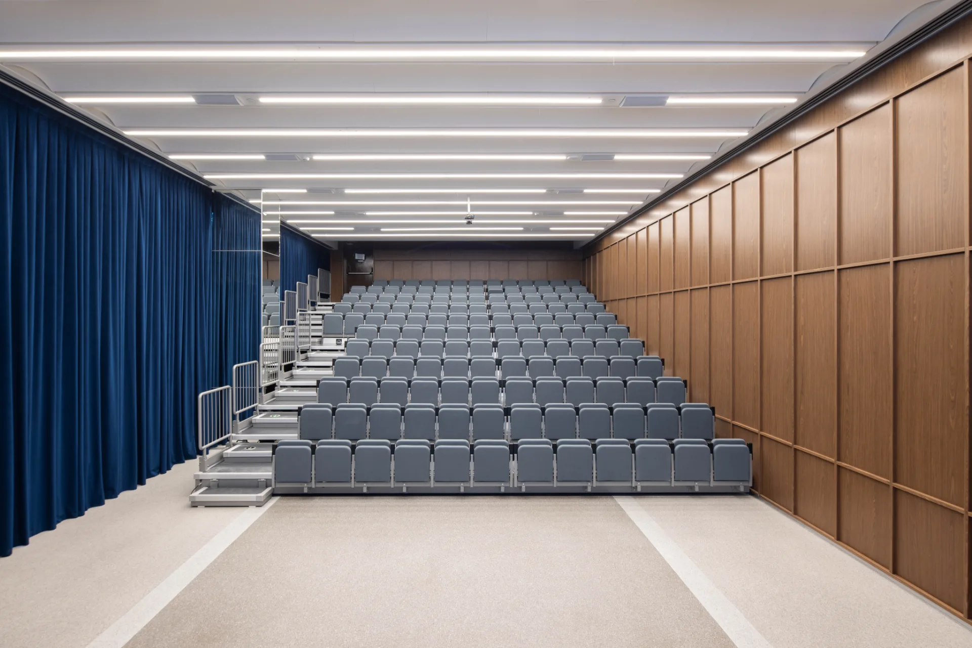 Tiered auditorium with timber cladding and linear lighting