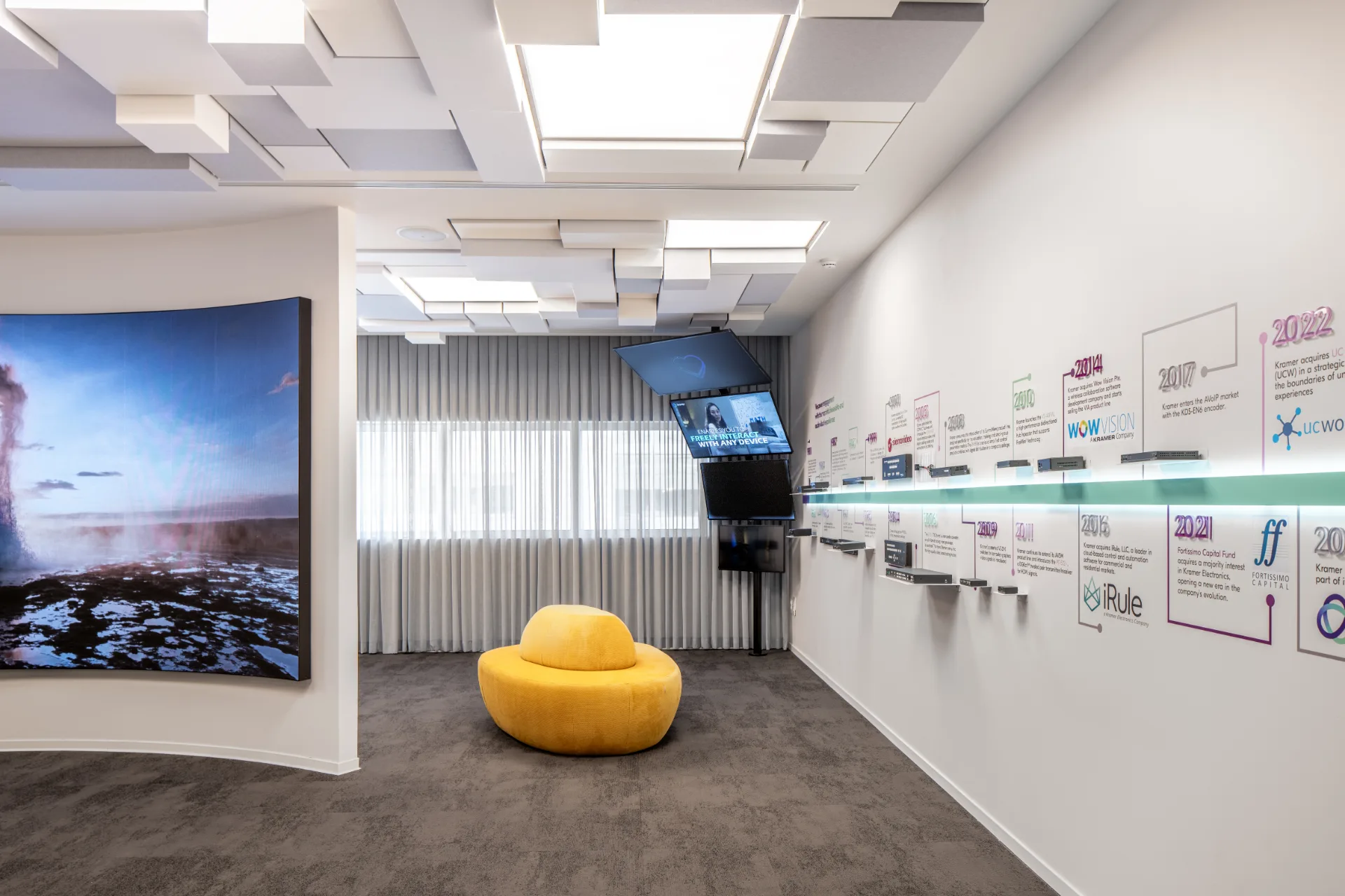 Display corner with a brand timeline wall