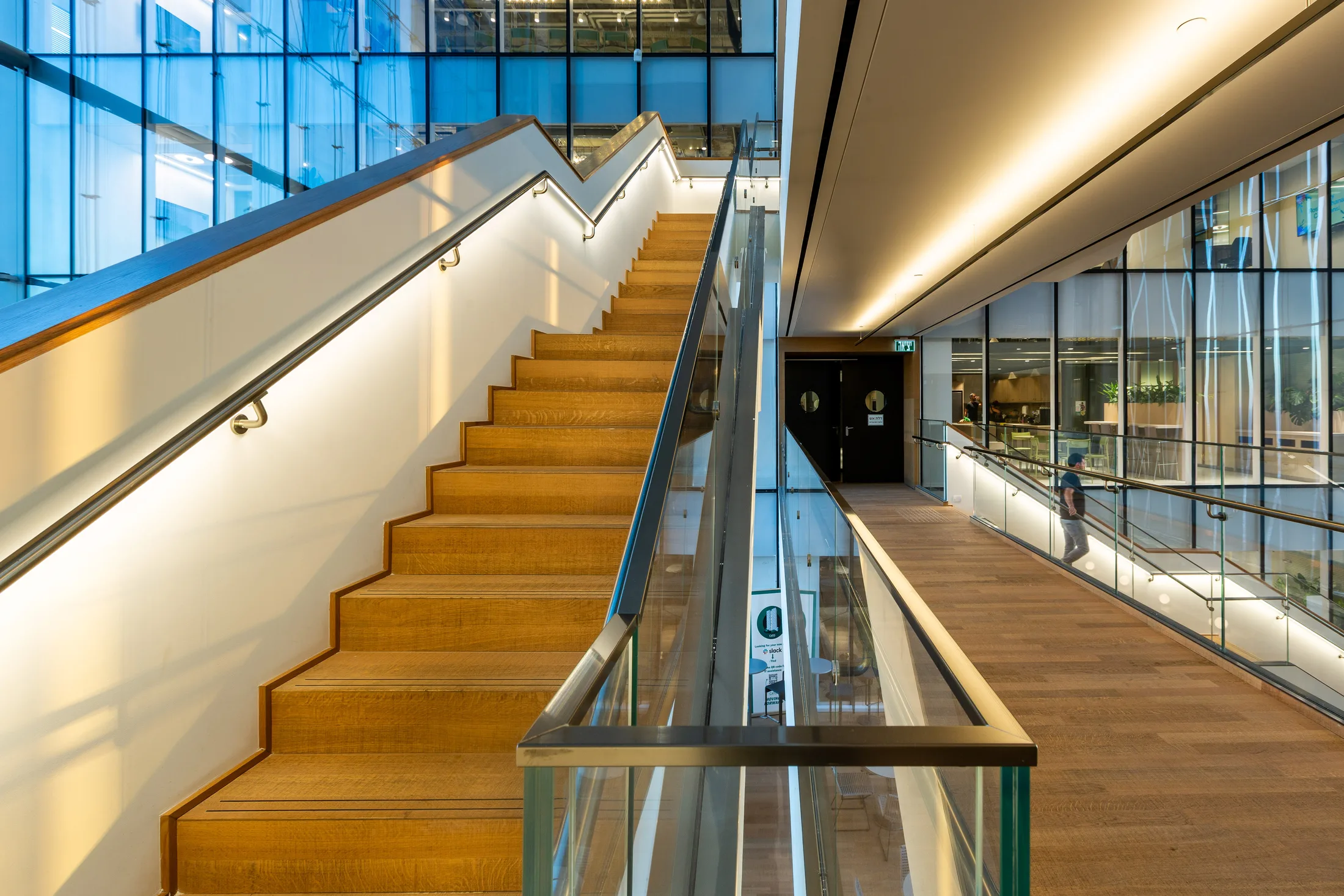 An upward view of the atrium stairs