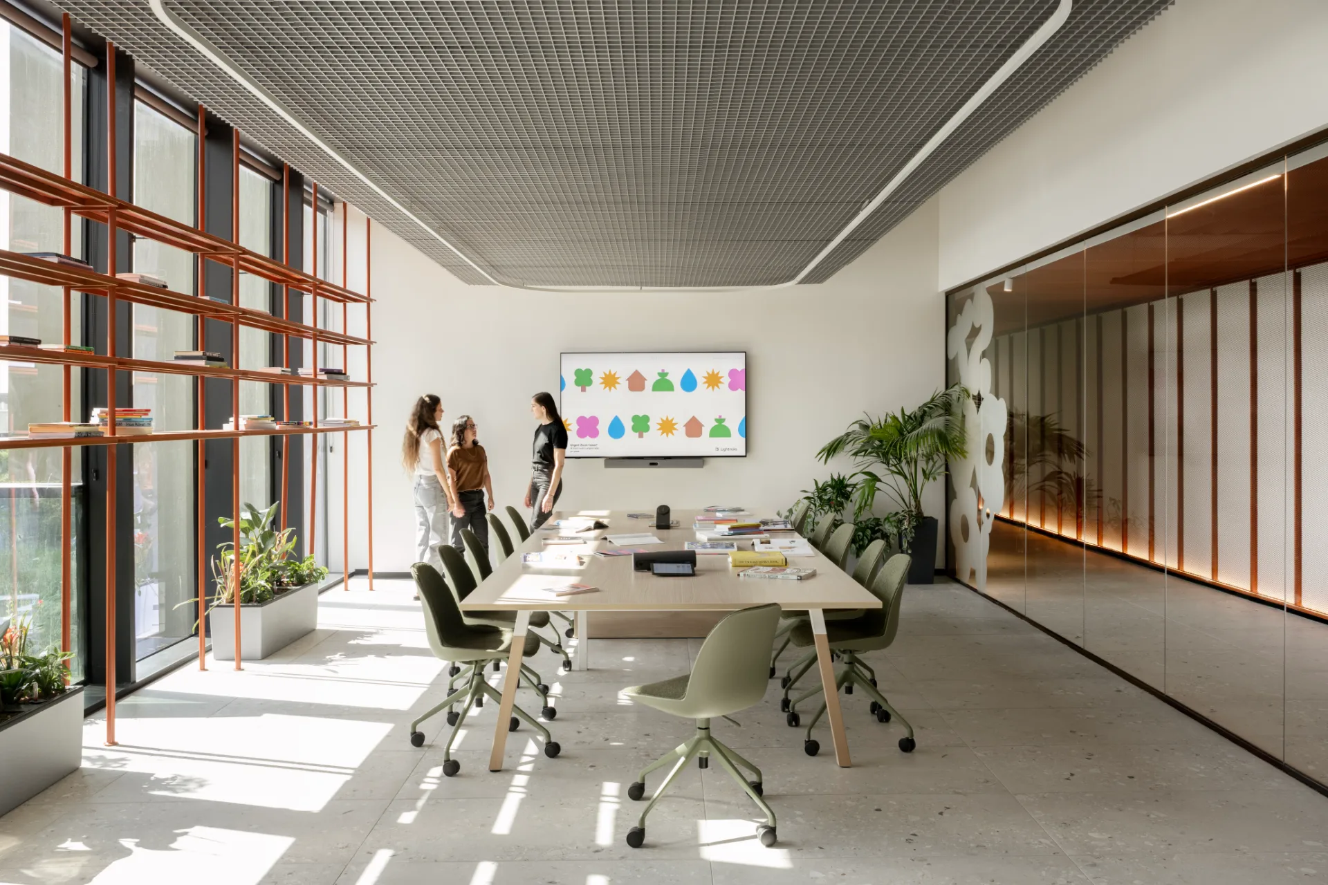 Bright meeting room with a curved linear light