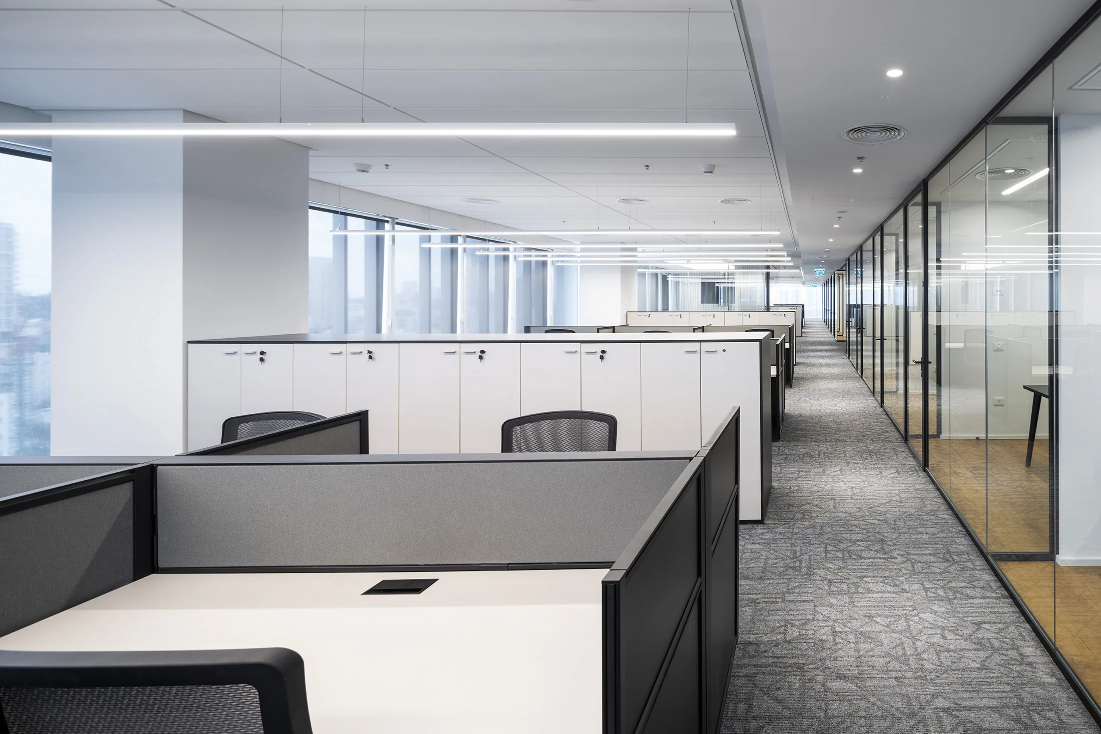 Open workstations along a glazed facade with linear lighting