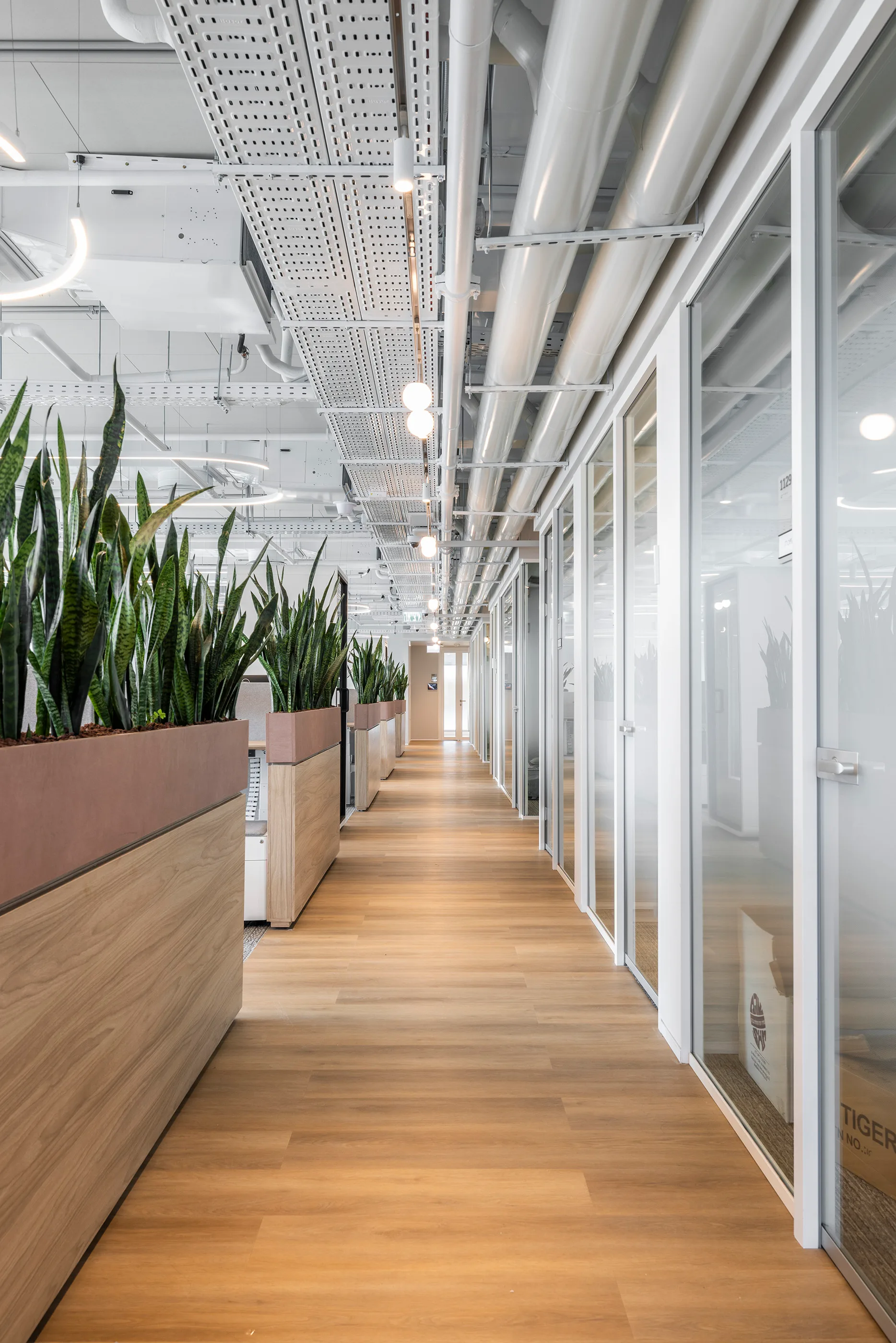 Work area beside greenery and full-height glazing