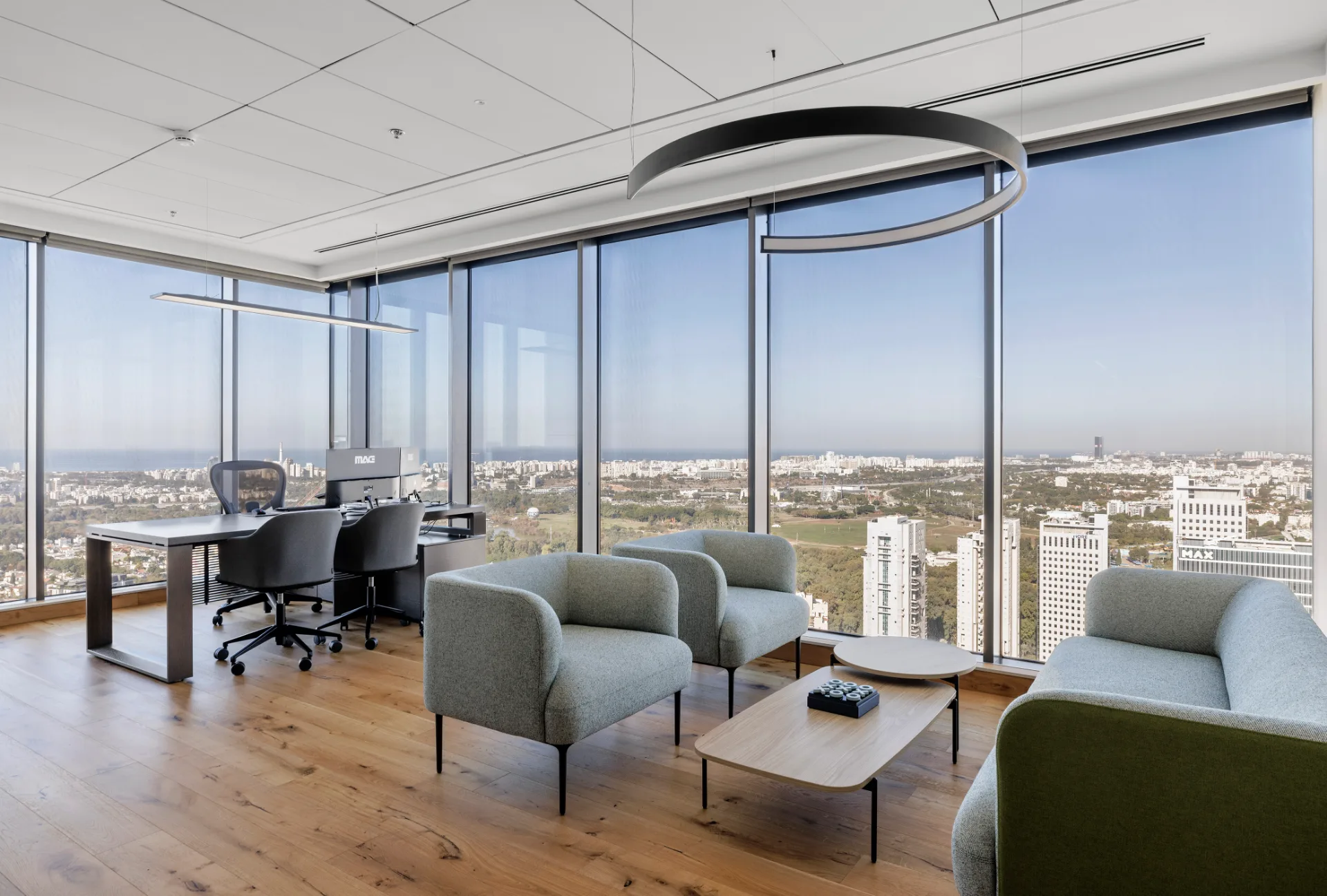 Lounge and waiting area with city views