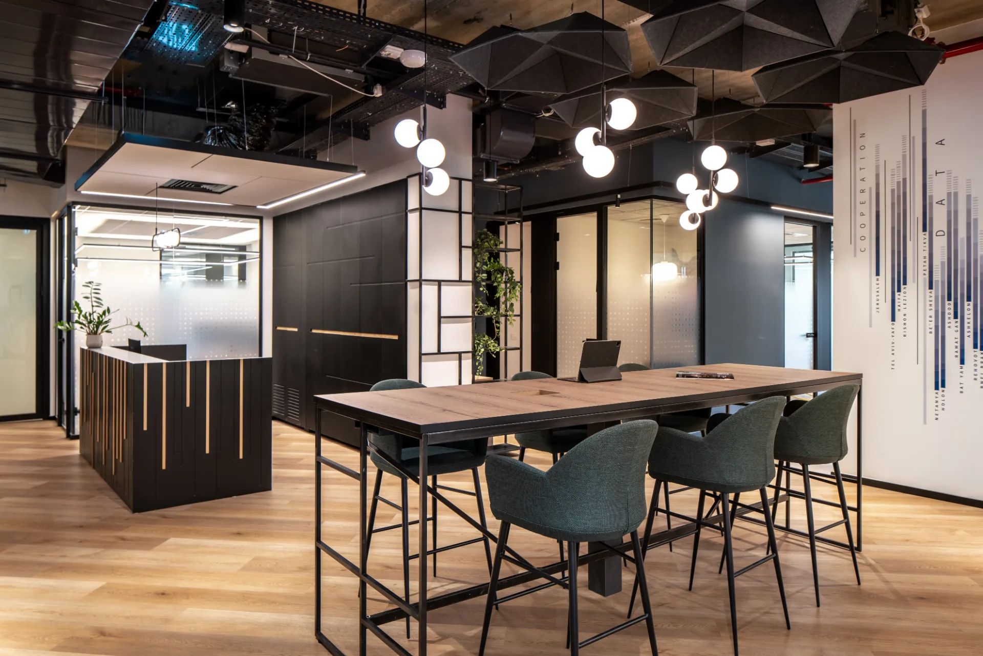 High collaboration table with globe pendant lights