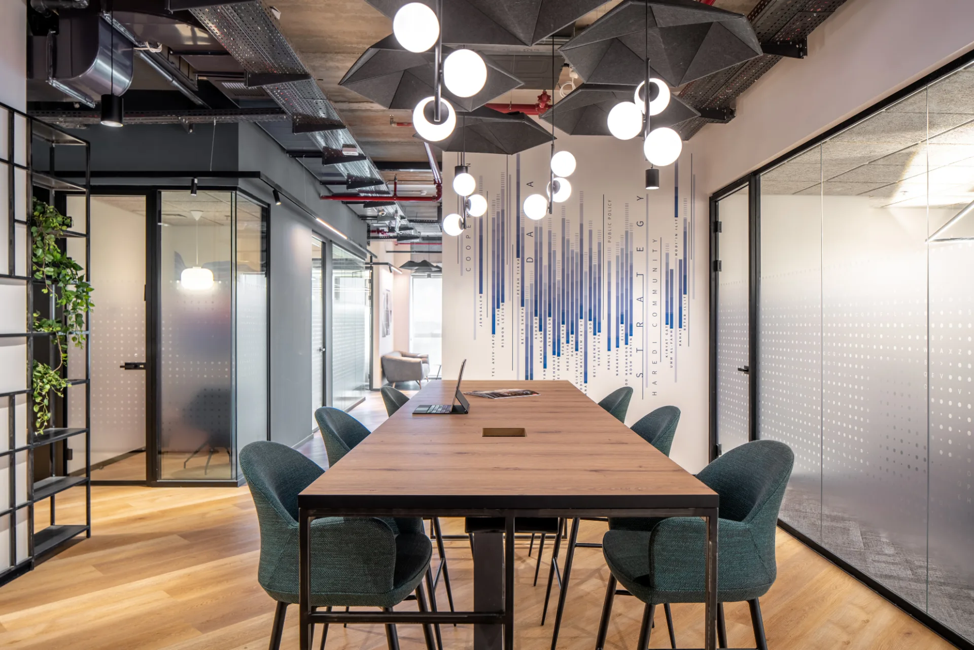 Meeting room with a blue graphic wall and pendant lighting
