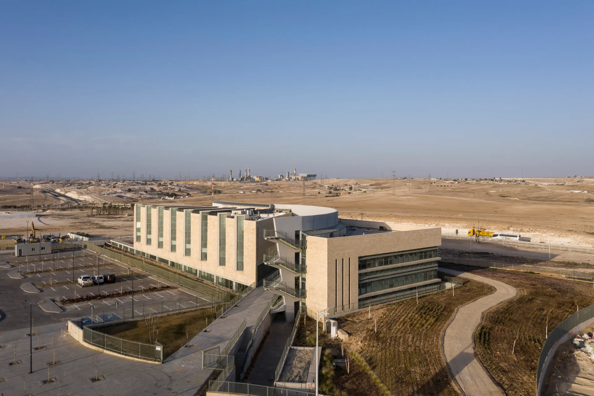 The building in the Neot Hovav desert landscape