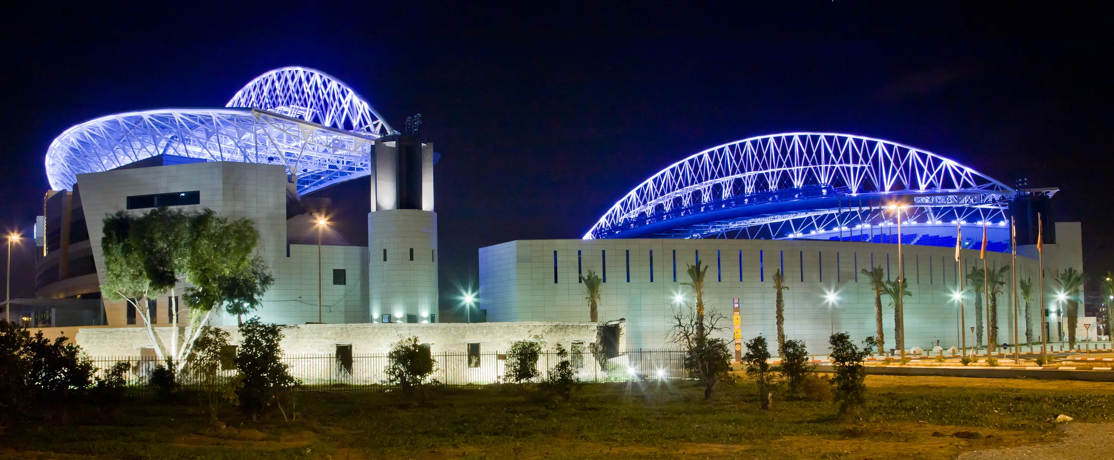 Illuminated facade of Netanya Stadium