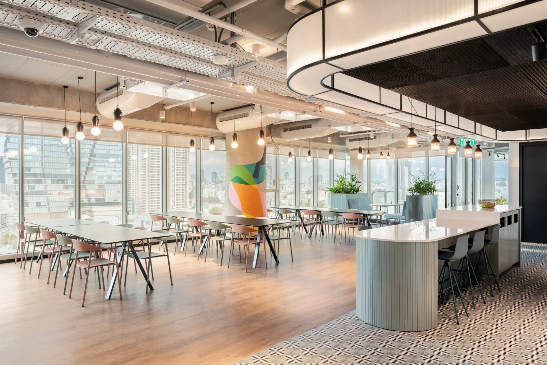 Cafeteria and dining area with city views