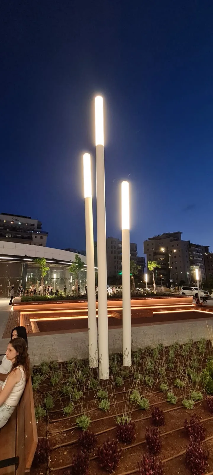 Illuminated light poles in the landscaped plaza