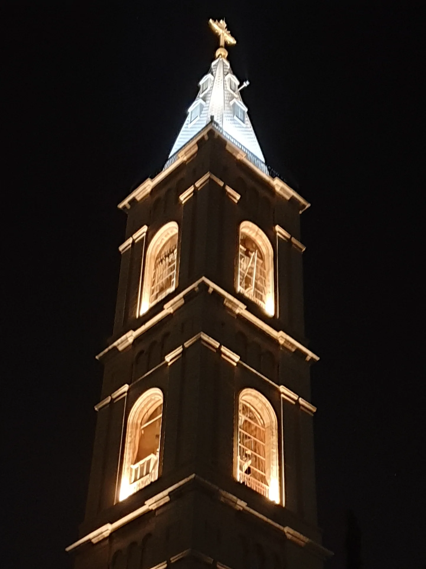 Illuminated tower of the Russian Church of the Ascension
