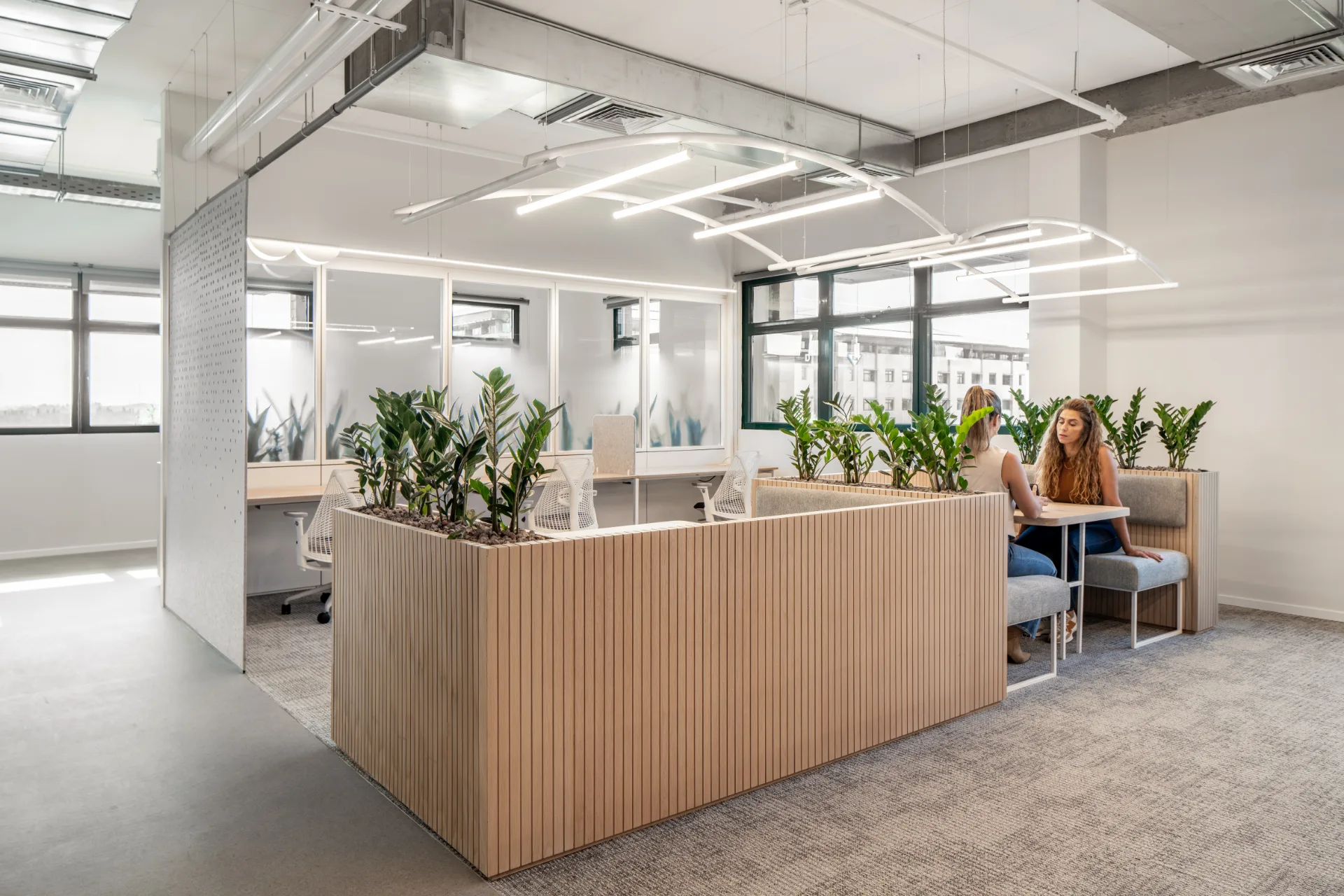 Workstations with timber planter dividers