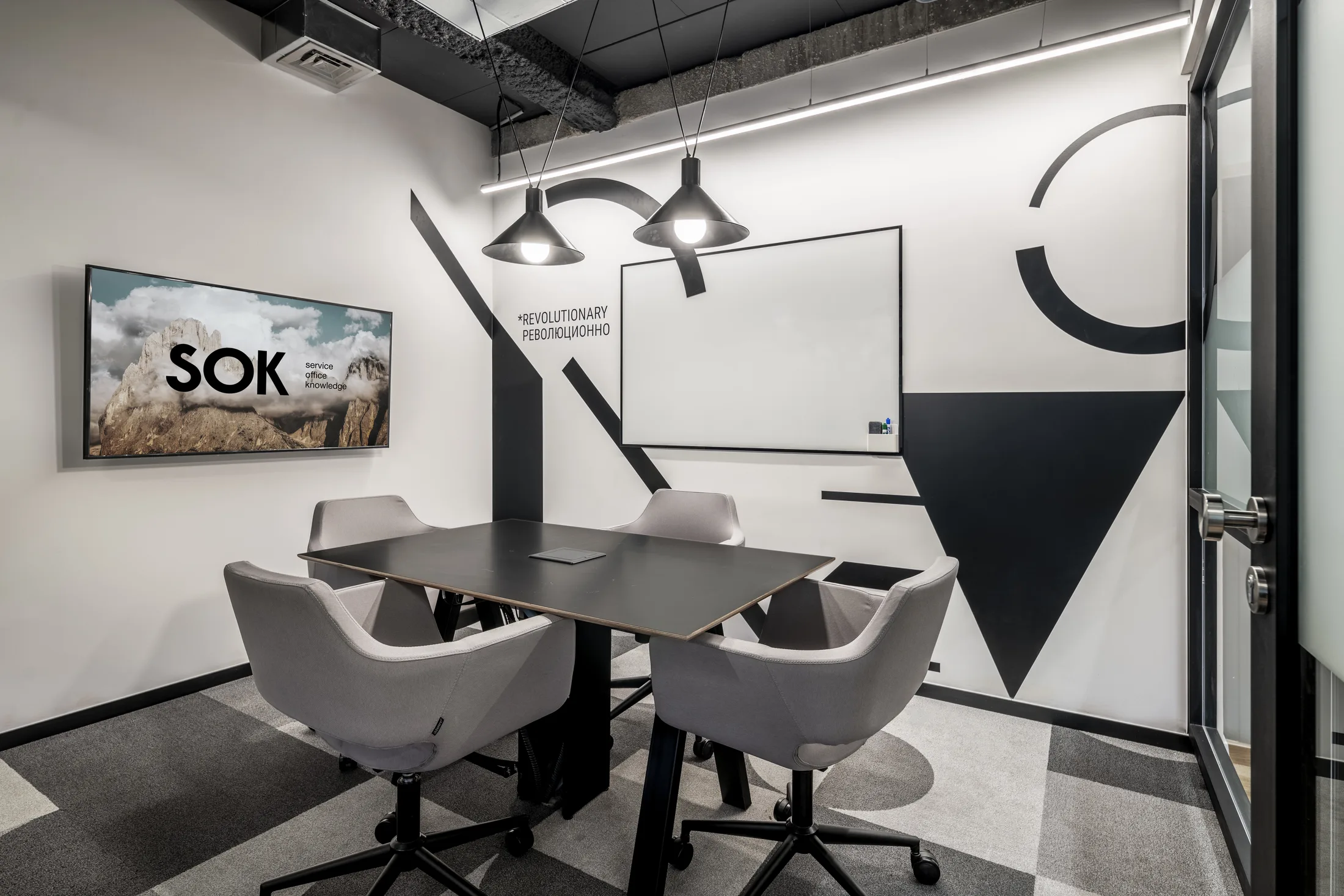 A meeting room with twin dome pendants and a SOK screen