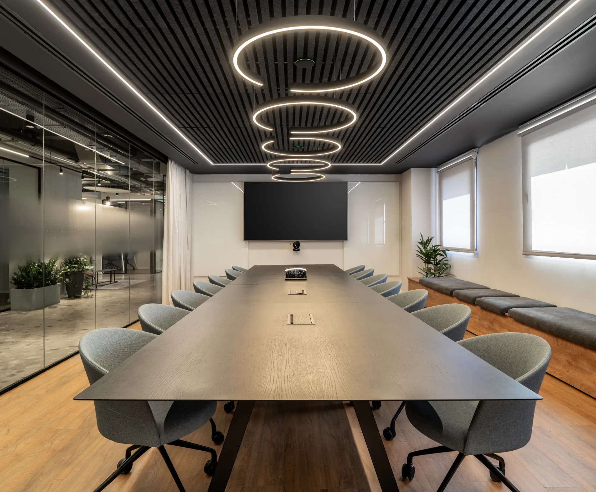 Boardroom with ring pendant lights