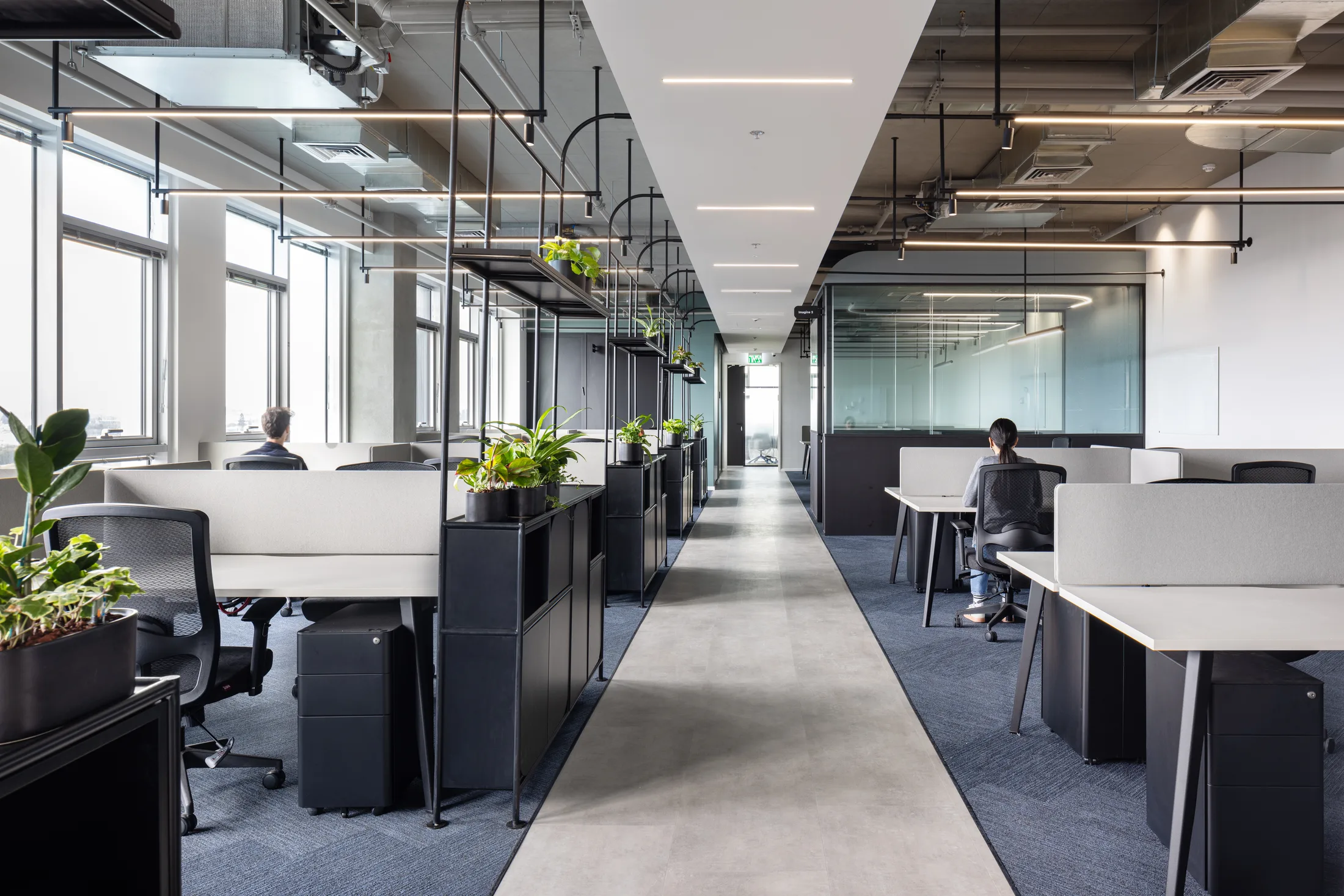 Open-plan work area along the windows with linear lighting