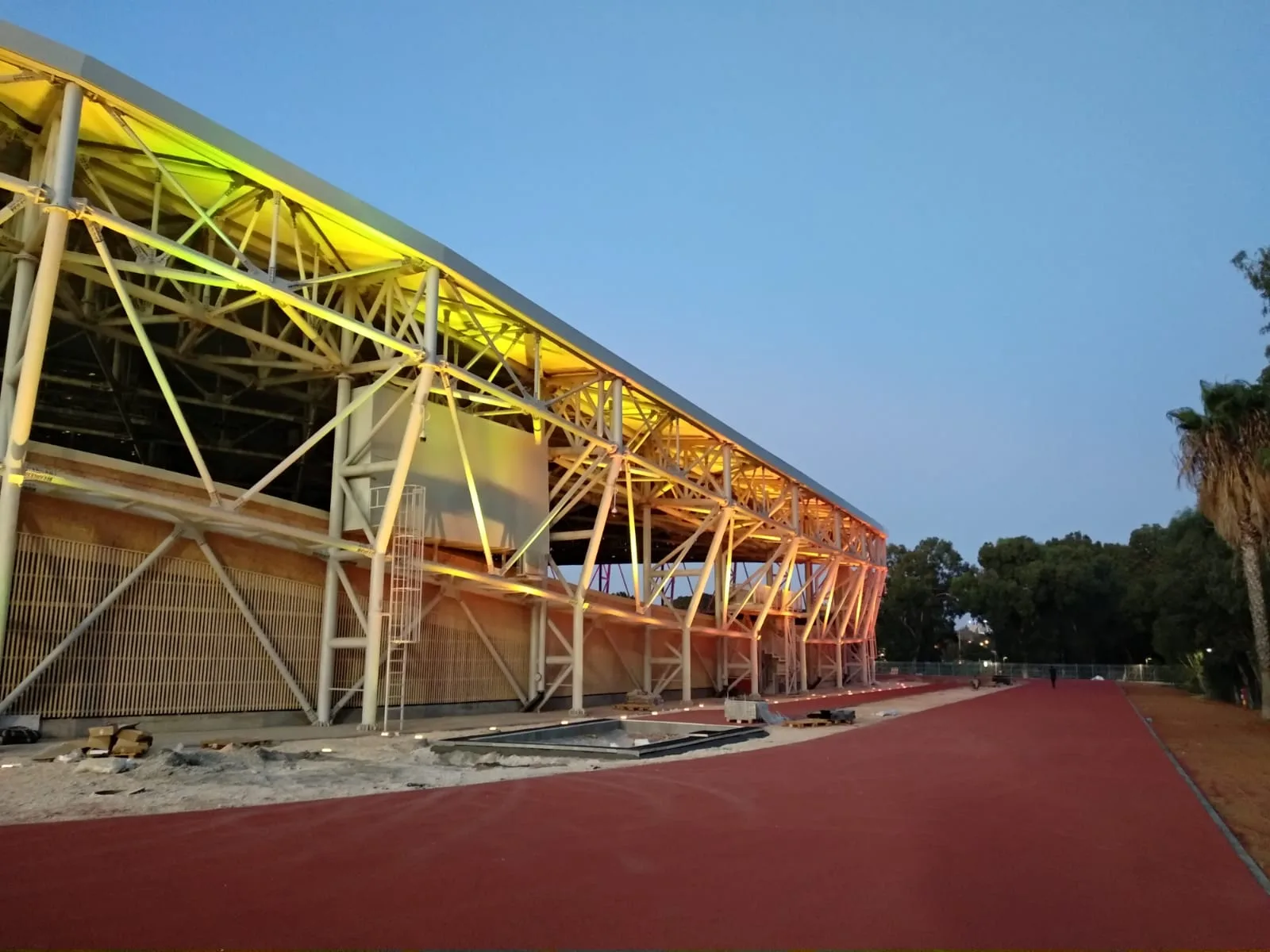Decorative exterior lighting along the velodrome facade