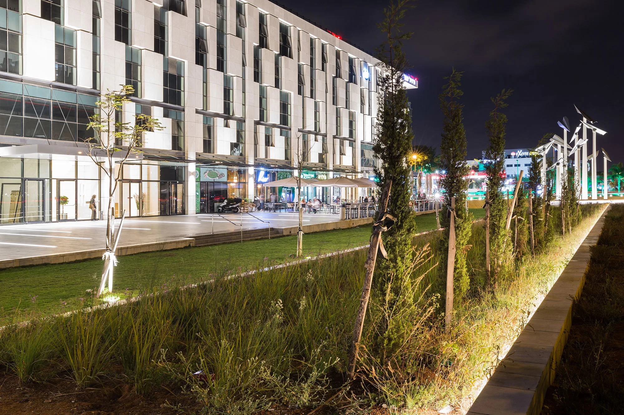 Landscape lighting around a commercial and office building