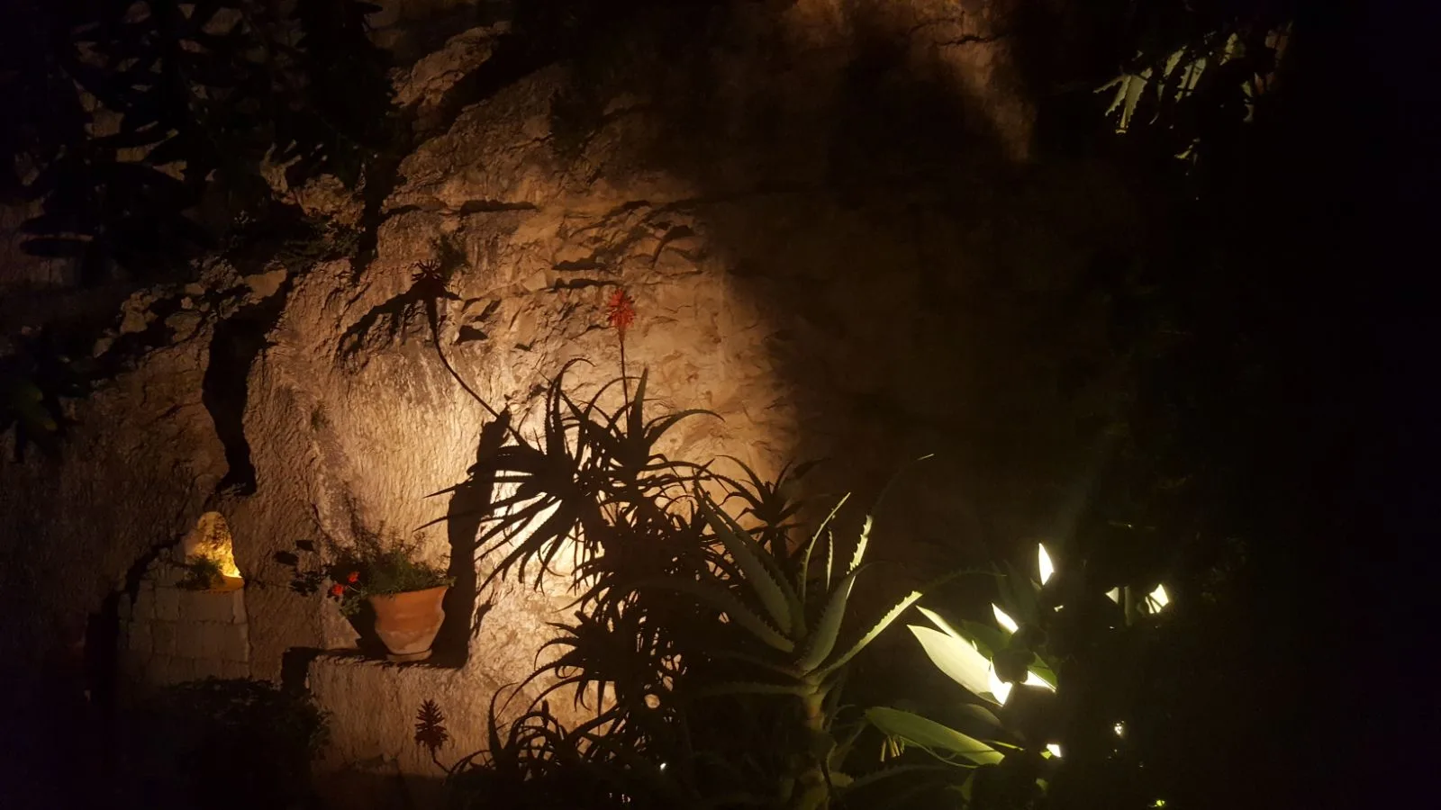 Warm uplight on the cliff face and garden planting