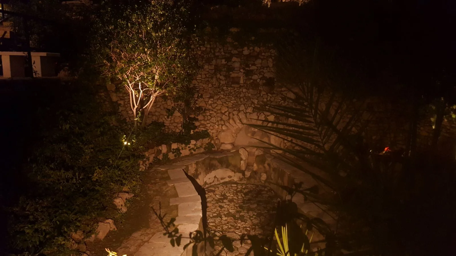 The garden, stone wall, and ancient cistern at night