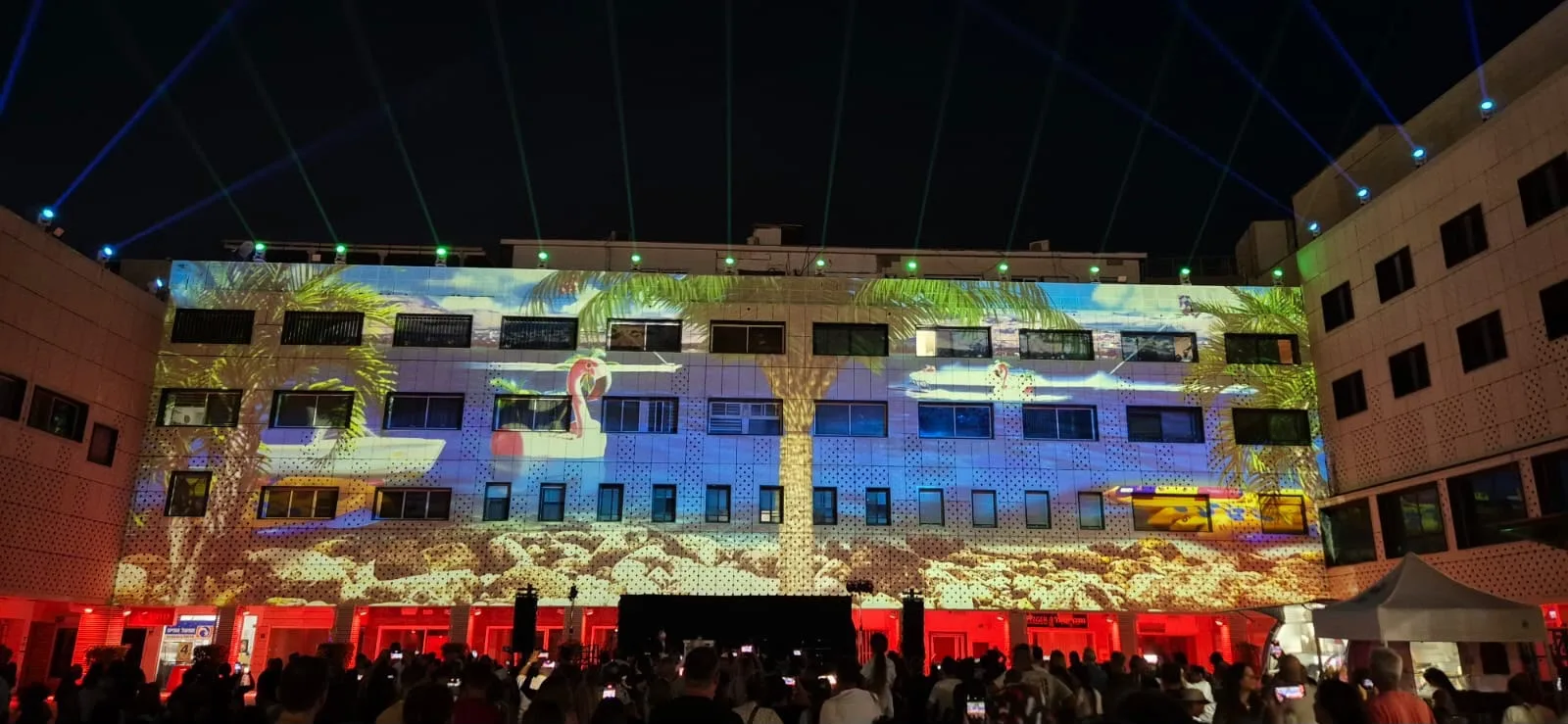 Palm and sky imagery projected across the building facade