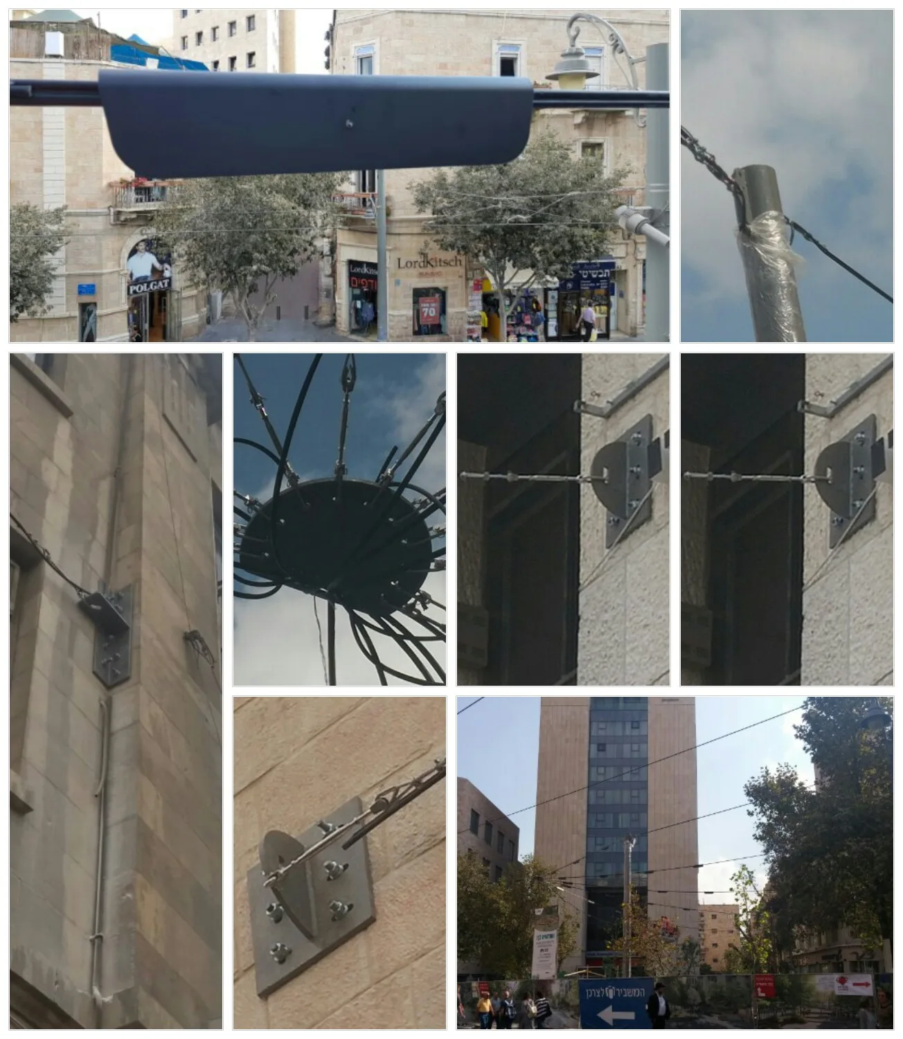 Details of the array's luminaires, cabling, and facade anchors