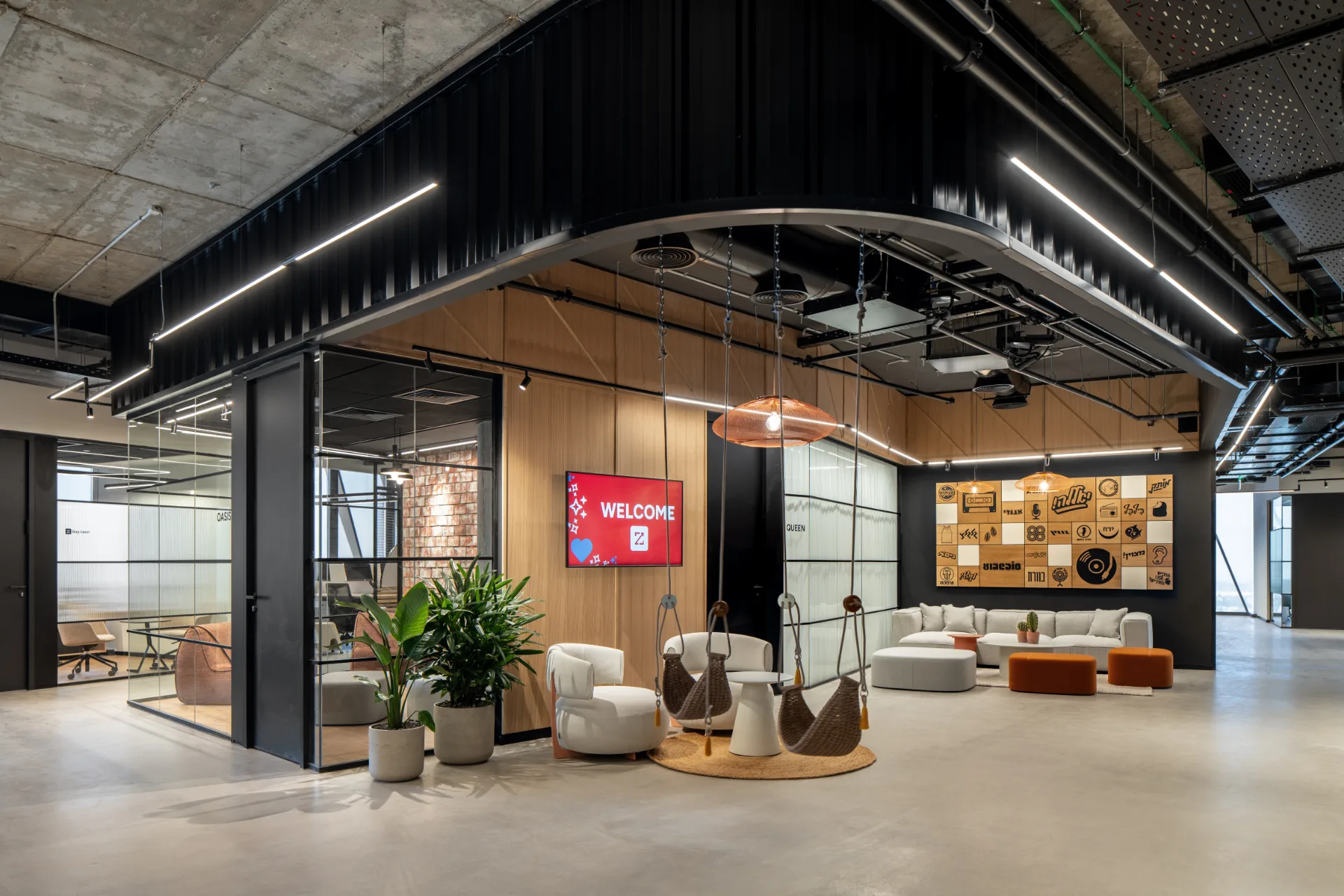 Arrival lounge with a branded wall